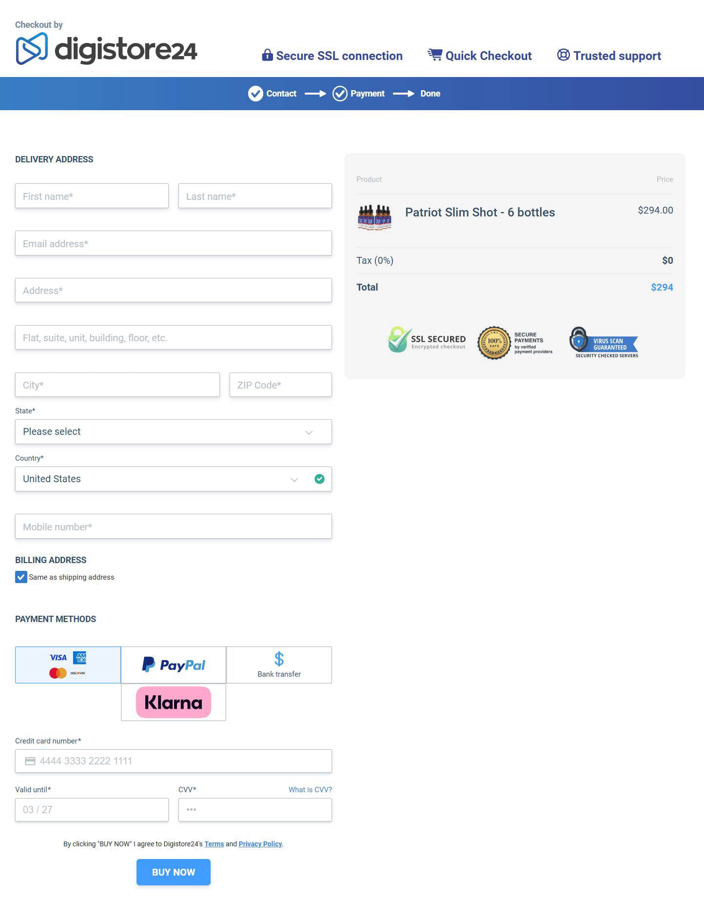 Patriot checkout page